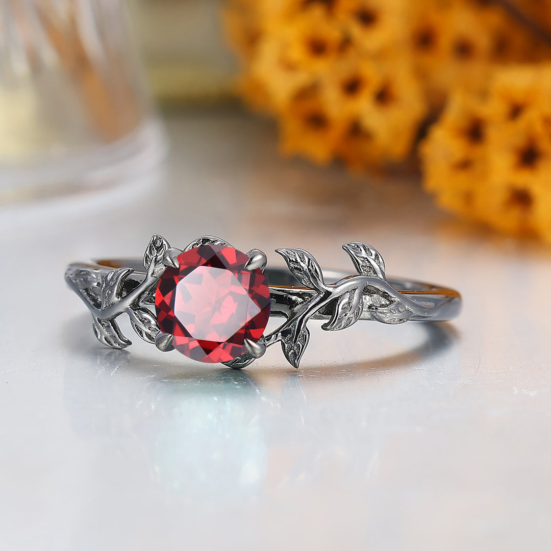 Nature Inspired Leaf Branch Red Garnet Bridal Ring Round Cut Engagement Ring