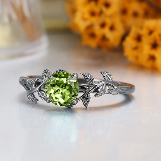 Leaf Inspired Solitaire Round Peridot Engagement Ring Prong Setting Women Ring