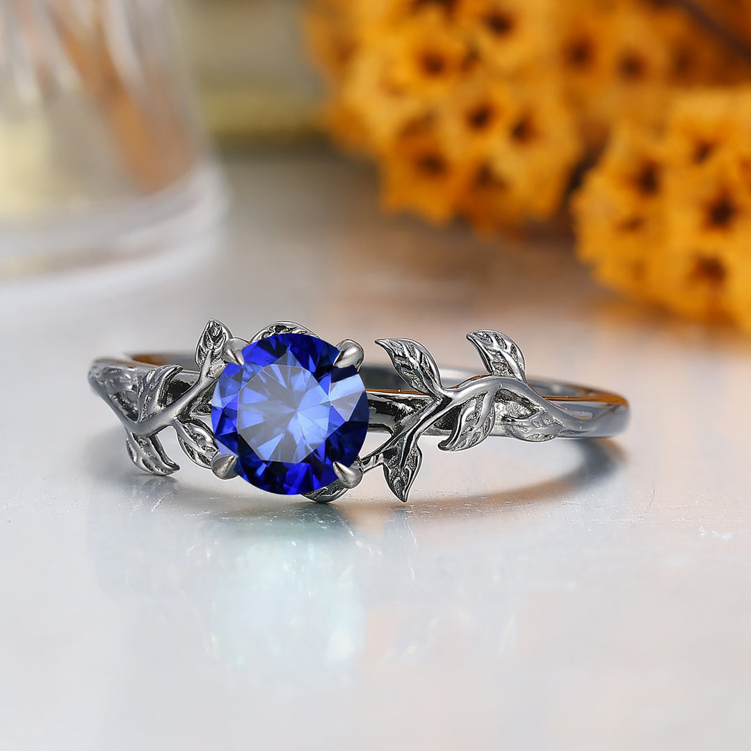 Anillo nupcial con rama de hoja inspirada en la naturaleza, anillo de compromiso con zafiro hexagonal cortado