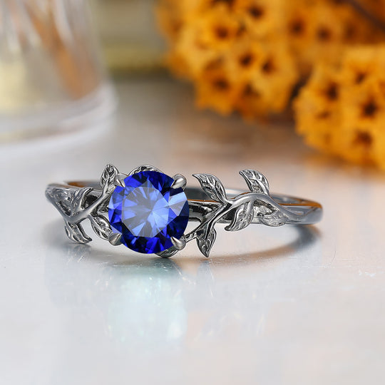Anillo nupcial con rama de hoja inspirada en la naturaleza, anillo de compromiso con zafiro hexagonal cortado