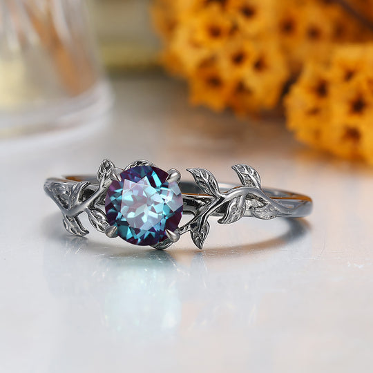 Solitaire Round Shape Alexandrite Engagement Ring Leaf Inspired Wedding Ring For Women