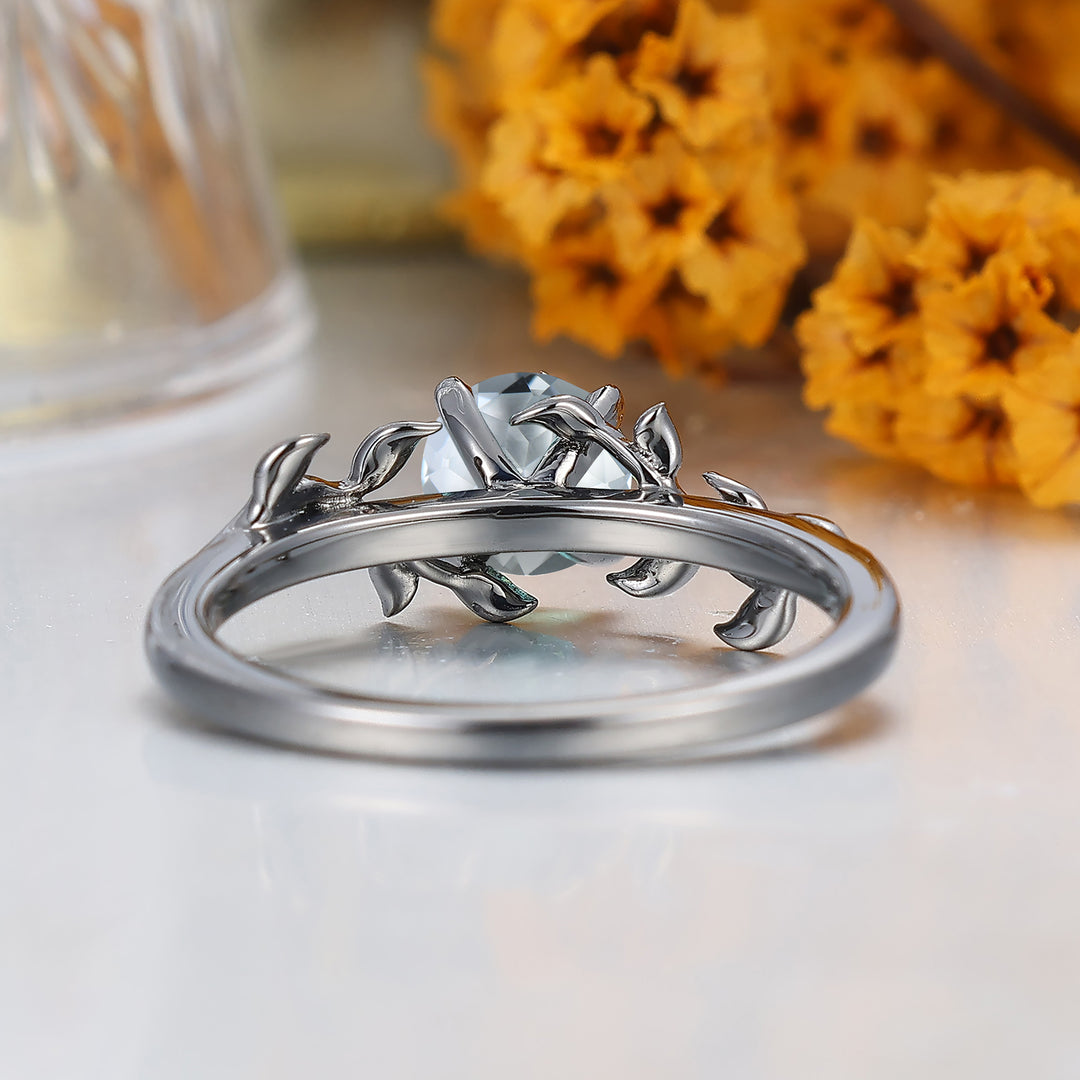 Solitaire ronde aquamarijn verlovingsring blad geïnspireerde trouwring voor dames