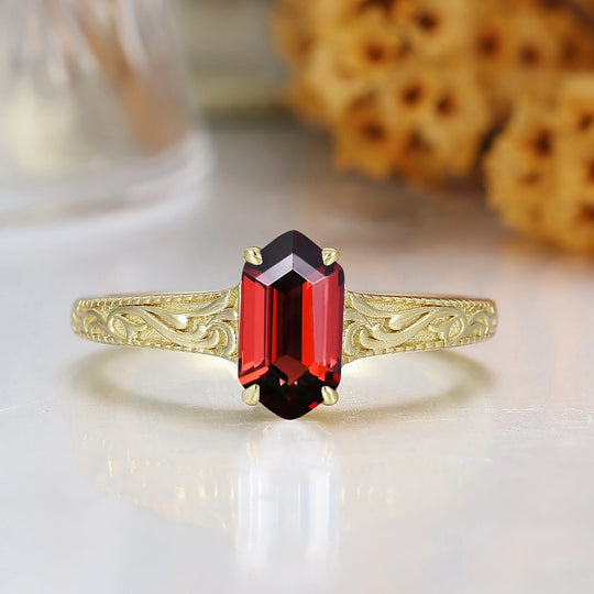 Elongated Hexagon Cut Garnet Ring Detailed Engraved Gold Ring Red Gemstone Ring