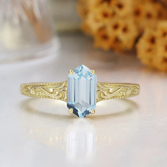 El anillo de boda solitario de aguamarina con corte hexagonal alargado, filigrana para mujer, anillo de aniversario