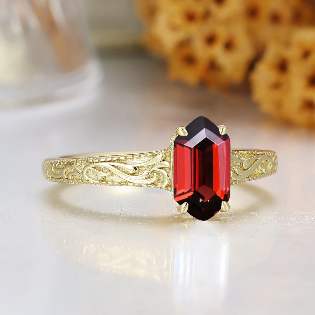 Elongated Hexagon Cut Garnet Ring Detailed Engraved Gold Ring Red Gemstone Ring