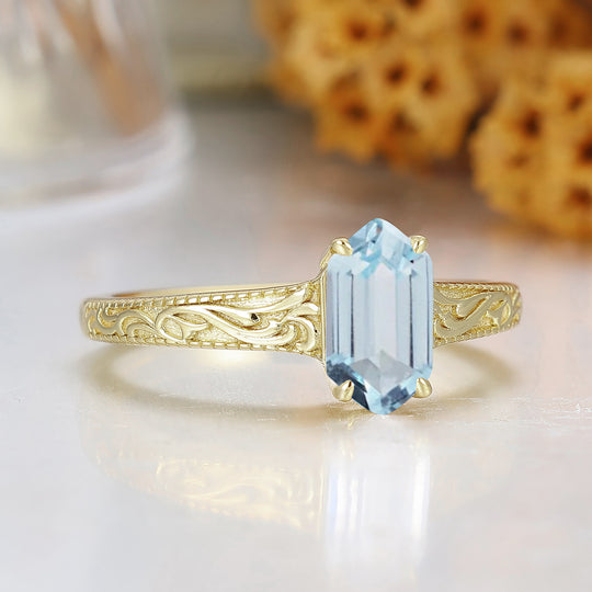 El anillo de boda solitario de aguamarina con corte hexagonal alargado, filigrana para mujer, anillo de aniversario