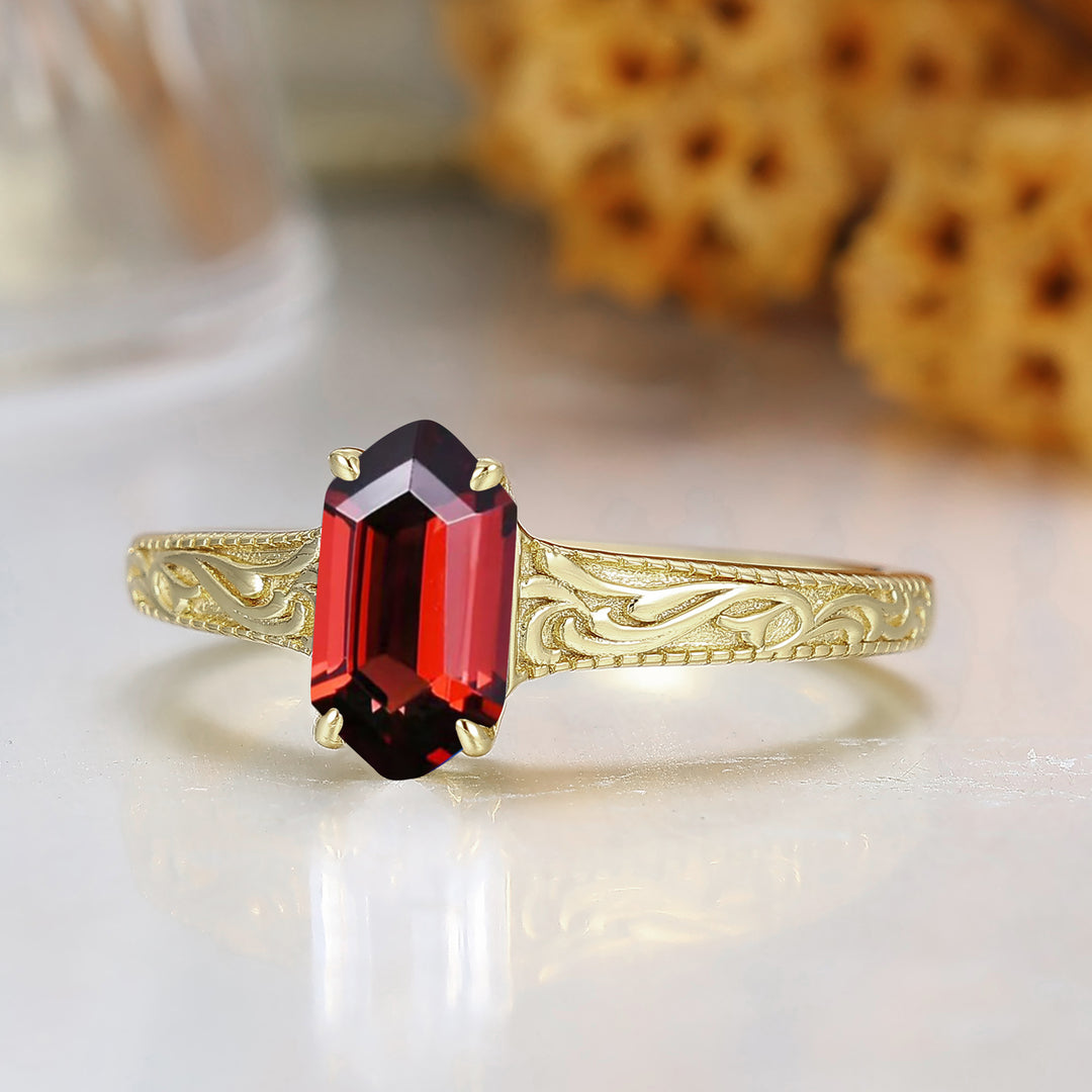 Elongated Hexagon Cut Garnet Ring Detailed Engraved Gold Ring Red Gemstone Ring
