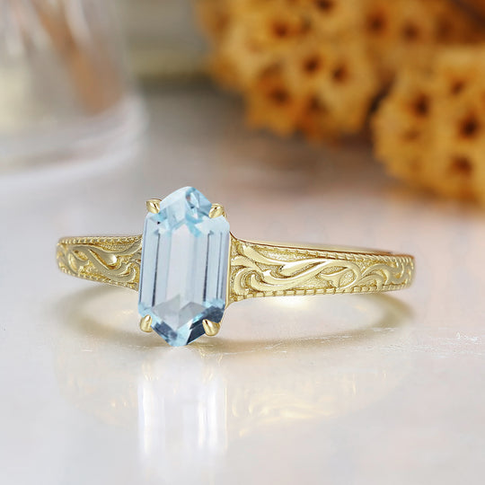 El anillo de boda solitario de aguamarina con corte hexagonal alargado, filigrana para mujer, anillo de aniversario