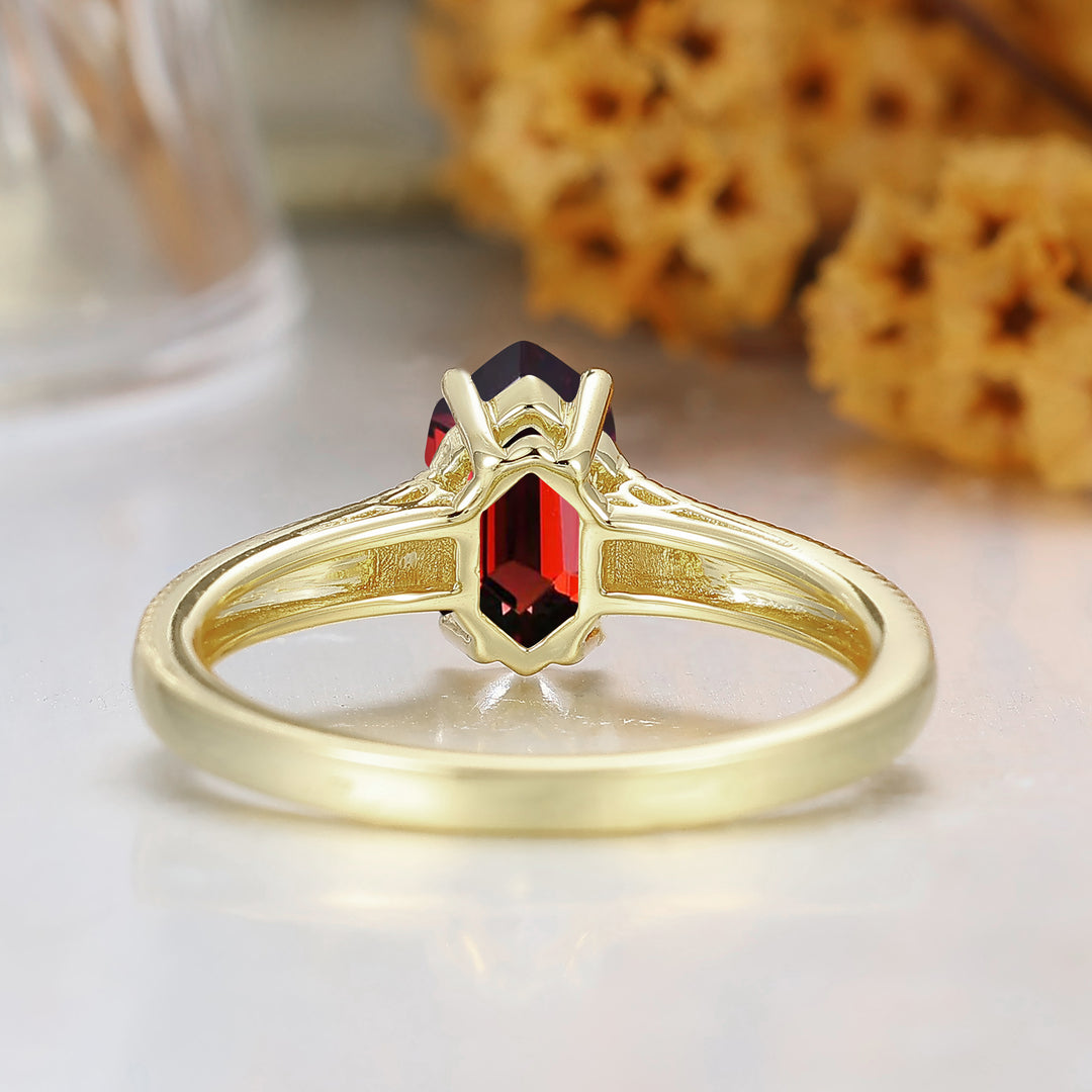 Elongated Hexagon Cut Garnet Ring Detailed Engraved Gold Ring Red Gemstone Ring
