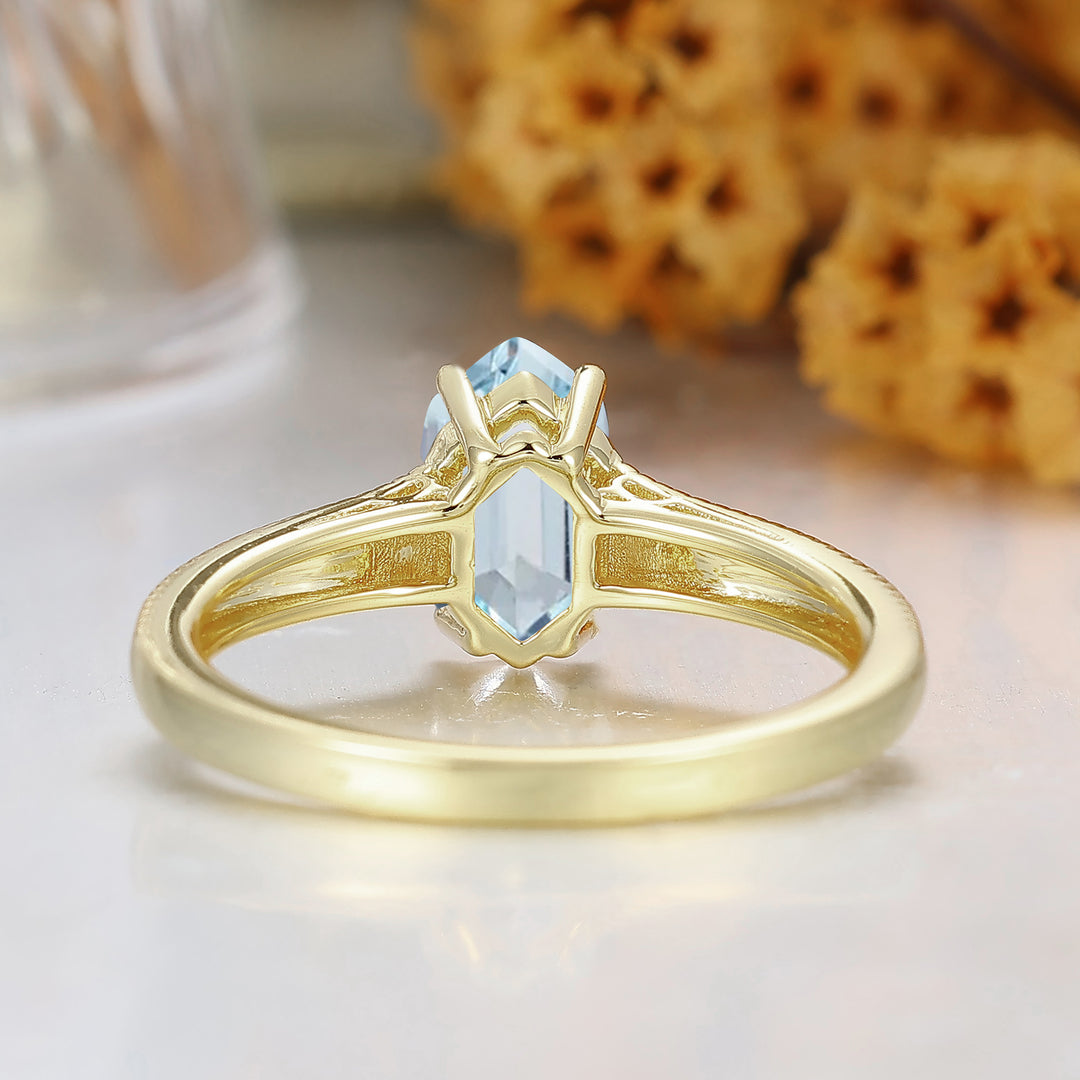 El anillo de boda solitario de aguamarina con corte hexagonal alargado, filigrana para mujer, anillo de aniversario
