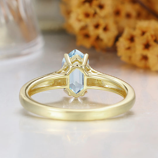 El anillo de boda solitario de aguamarina con corte hexagonal alargado, filigrana para mujer, anillo de aniversario