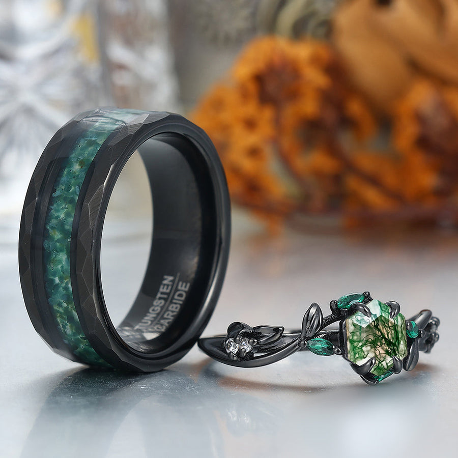 Anillos de compromiso para pareja con ramitas de ágata musgosa exquisita Anillos de boda de tungsteno verde de promesa