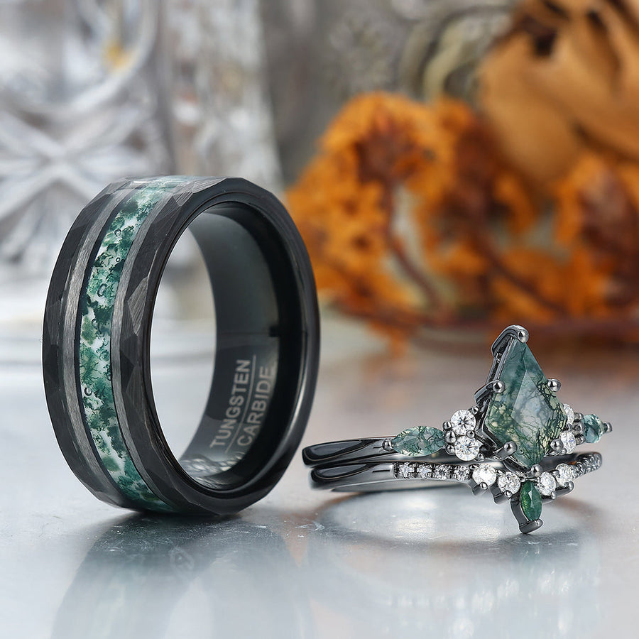 Vintage Kite Green Moss Agate Couple Ring Set 925 Sliver His and Hers Wedding Ring