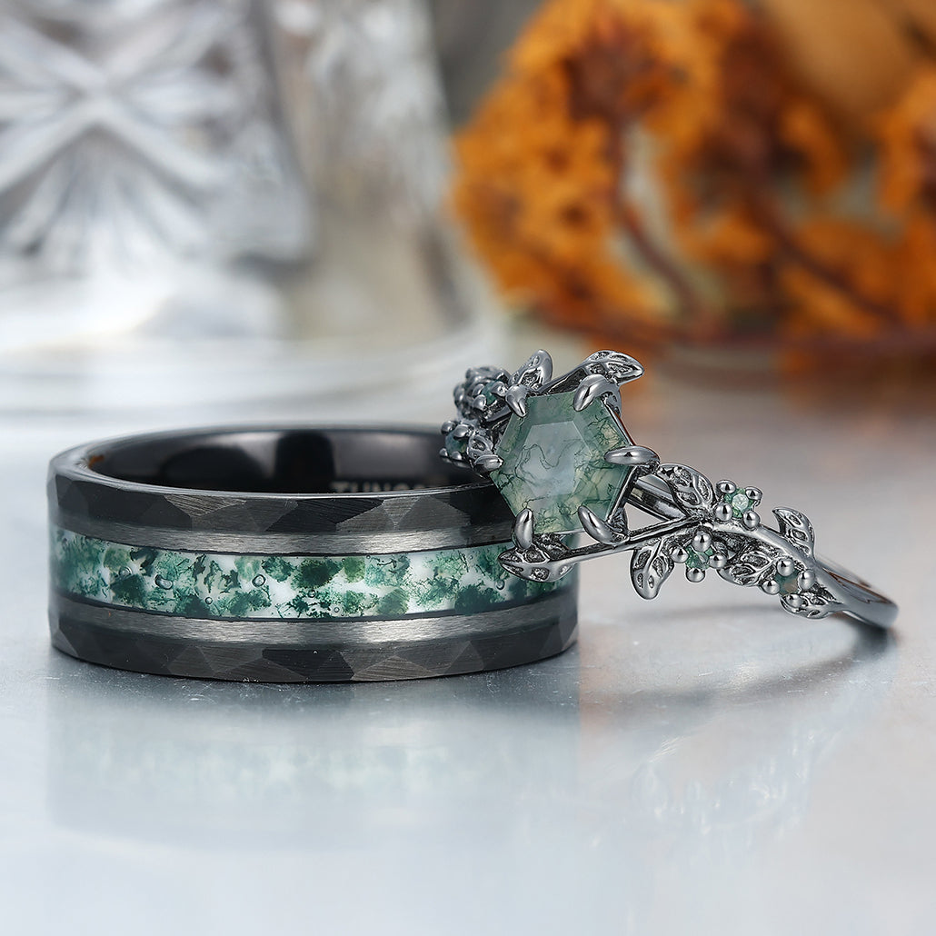 Moss Agate Sprigs Engagement Couple Rings Tungsten Matching Wedding Rings -  Esdomera.com