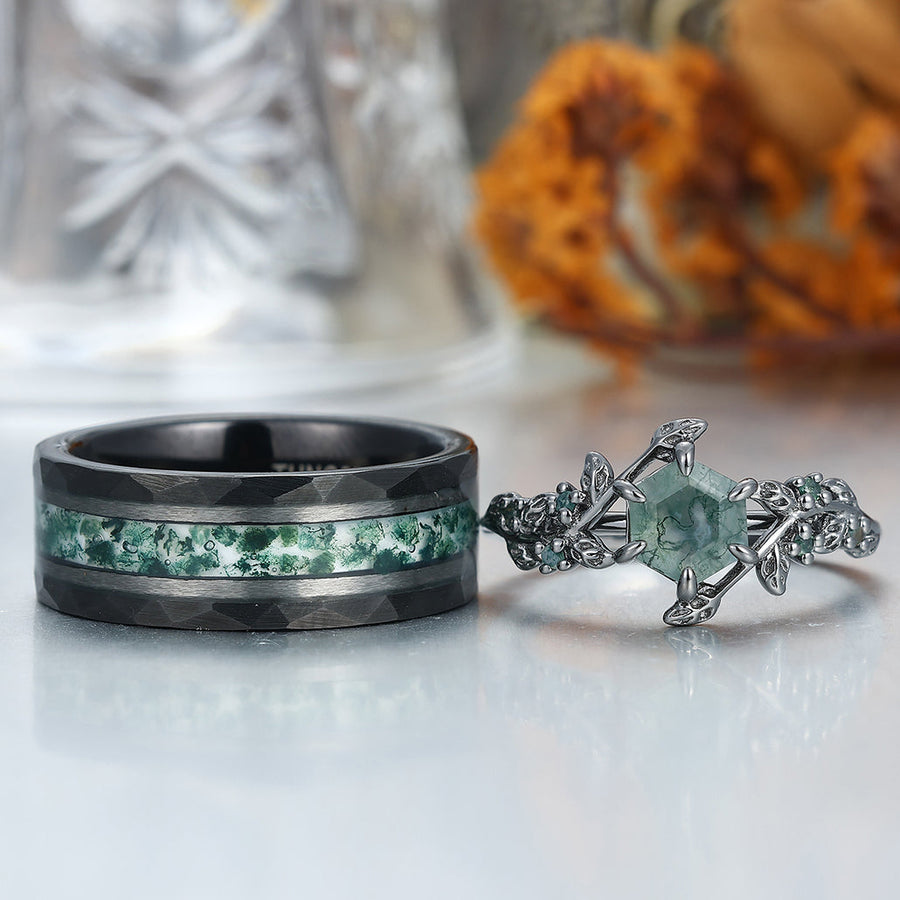 Anillos de compromiso para pareja con ramitas de ágata musgosa Anillos de boda a juego de tungsteno
