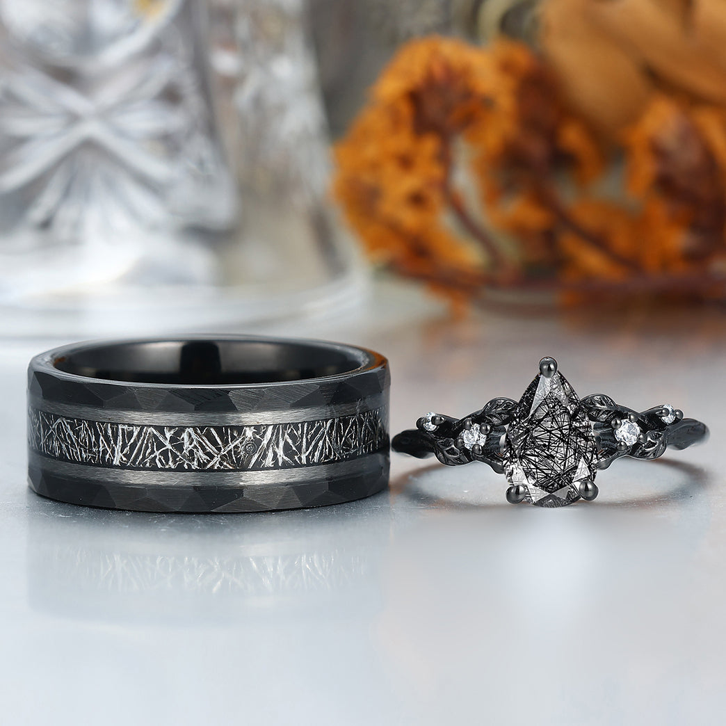 Exquisite Black Rutilated Quartz Leaves Engagement Couple Rings