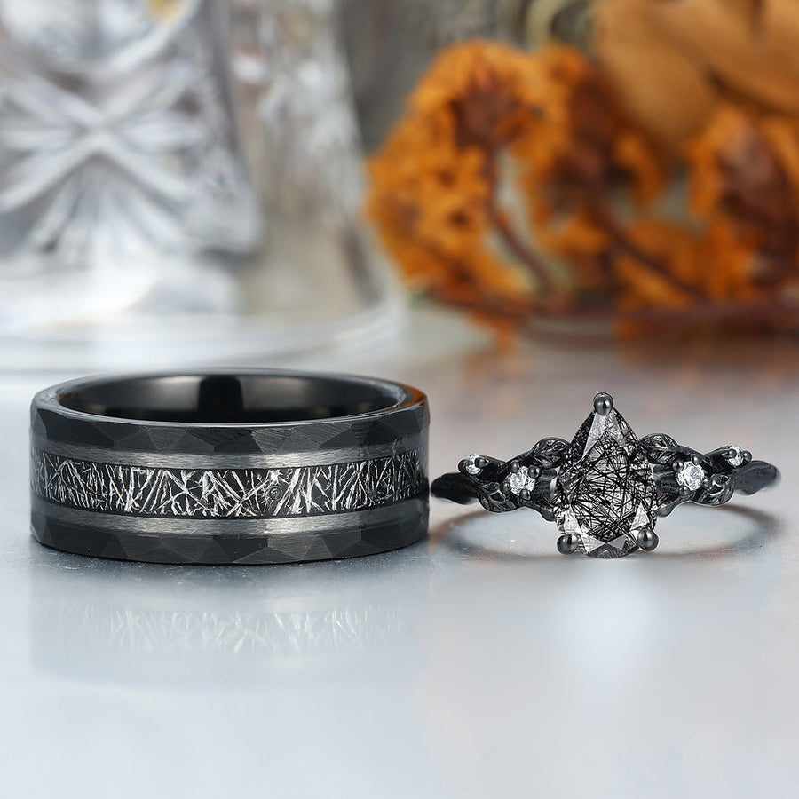 Exquisite Black Rutilated Quartz Leaves Engagement Couple Rings Tungsten Matching Promise Rings