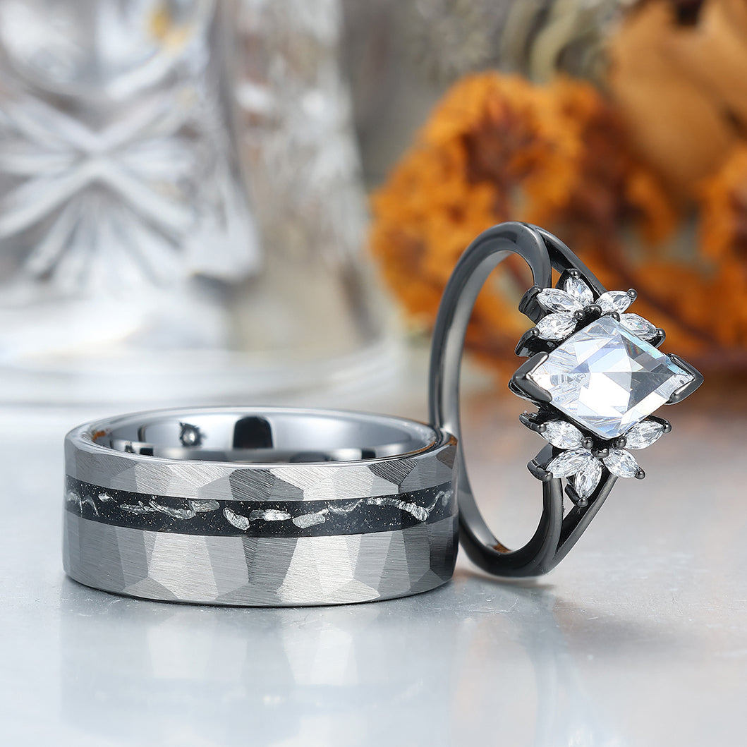 Unique Moissanites Engagement Couple Rings Meteorite Inlay