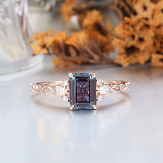 Unique 2CT Leaf-inspired Emerald Cut 14K Yellow Gold Alexandrite Engagement Ring Filigree Wedding Ring -  Esdomera.com