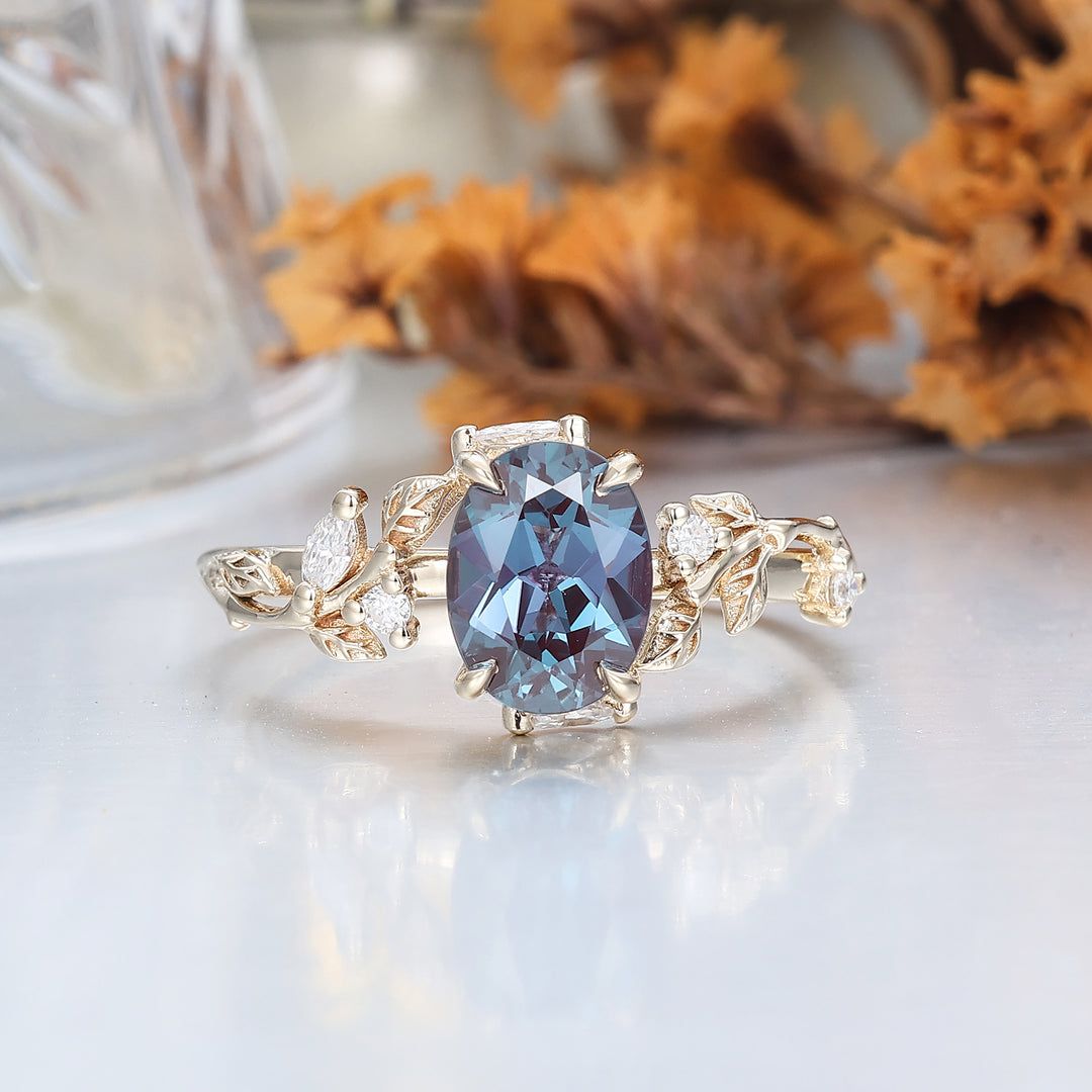 Art Deco Oval Color-Change Alexandrite Engagement Ring Leaf Design Ring For Her -  Esdomera.com