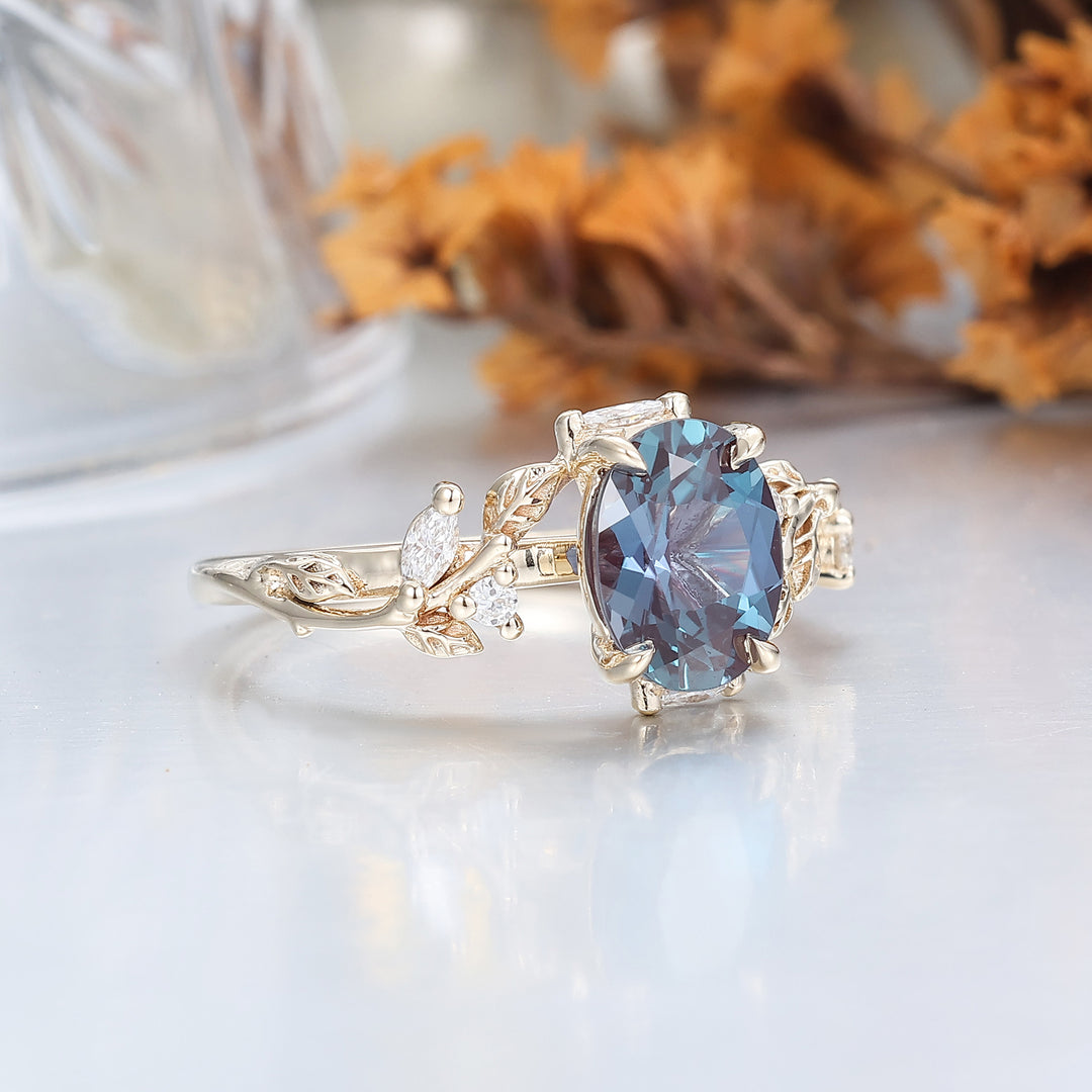 Art Deco Oval Color-Change Alexandrite Engagement Ring Leaf Design Ring For Her -  Esdomera.com
