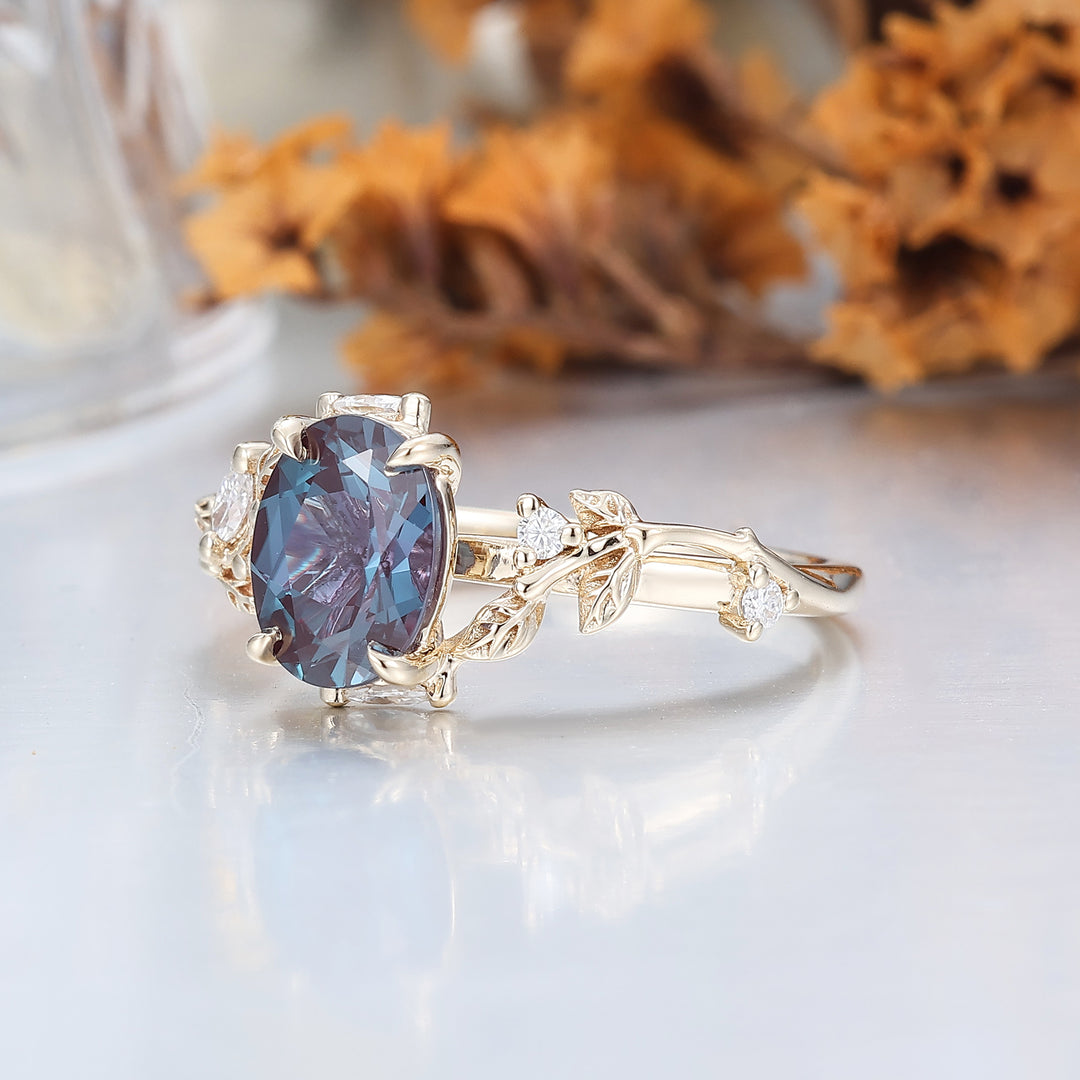Art Deco Oval Color-Change Alexandrite Engagement Ring Leaf Design Ring For Her -  Esdomera.com