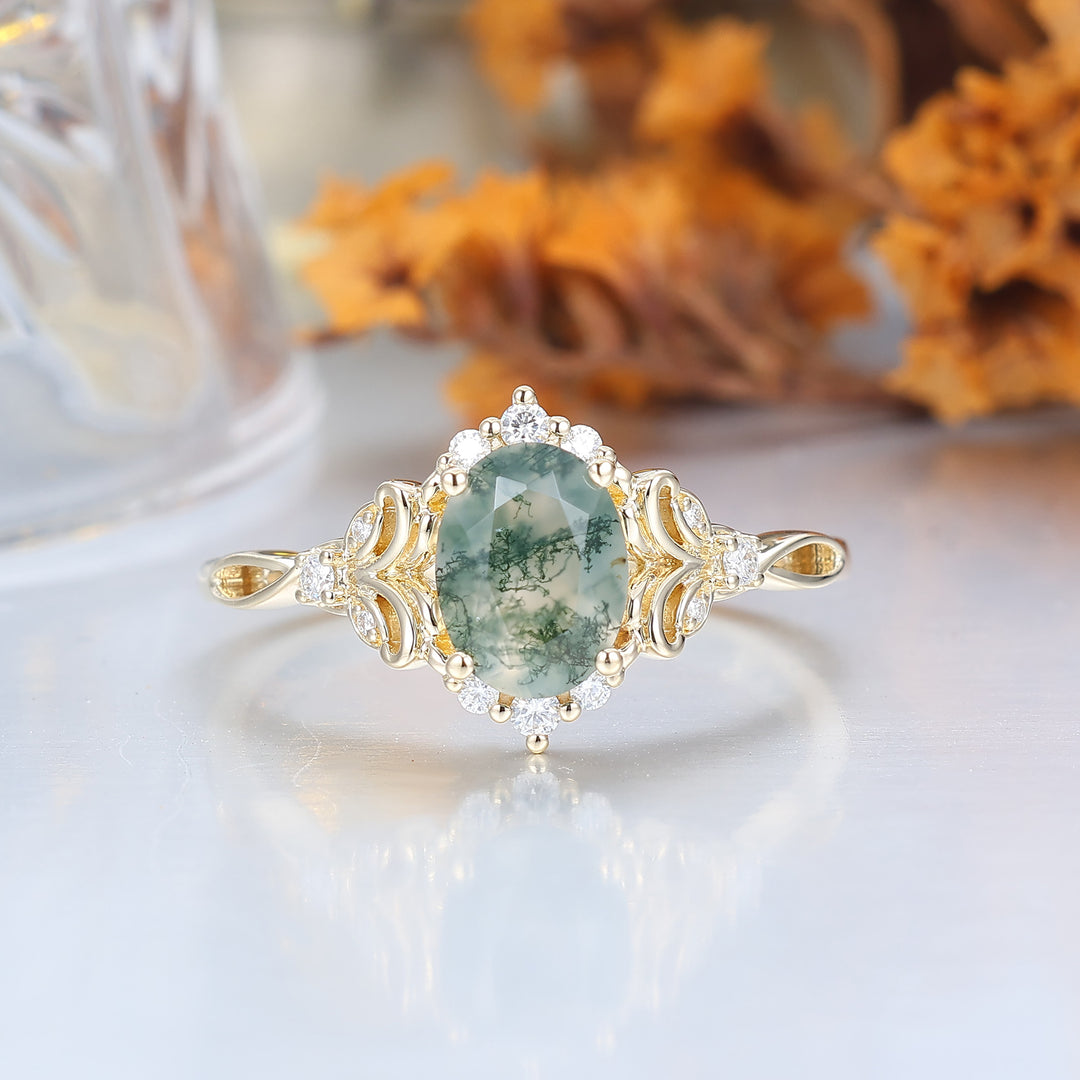 Elegant Oval Cut Moss Agate Wedding Ring 14K Yellow Gold Cluster Leaf Design Bridal Ring -  Esdomera.com