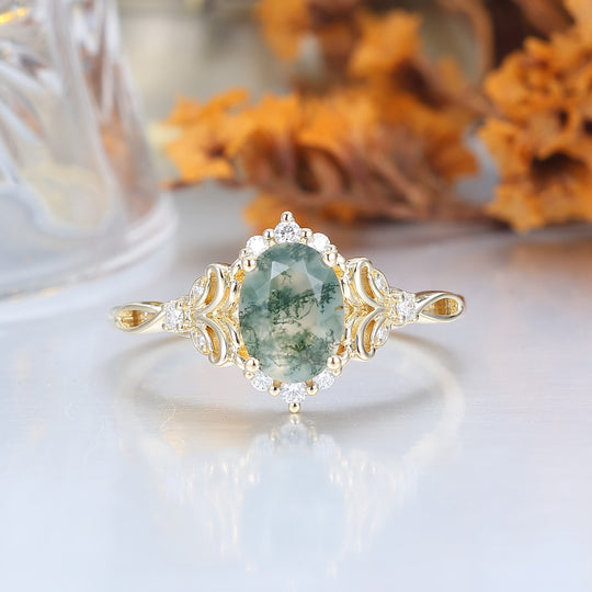 Elegant Oval Cut Moss Agate Wedding Ring 14K Yellow Gold Cluster Leaf Design Bridal Ring -  Esdomera.com