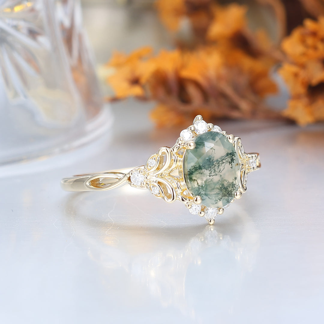 Elegant Oval Cut Moss Agate Wedding Ring 14K Yellow Gold Cluster Leaf Design Bridal Ring -  Esdomera.com