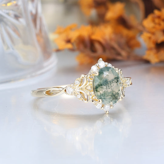 Elegant Oval Cut Moss Agate Wedding Ring 14K Yellow Gold Cluster Leaf Design Bridal Ring -  Esdomera.com