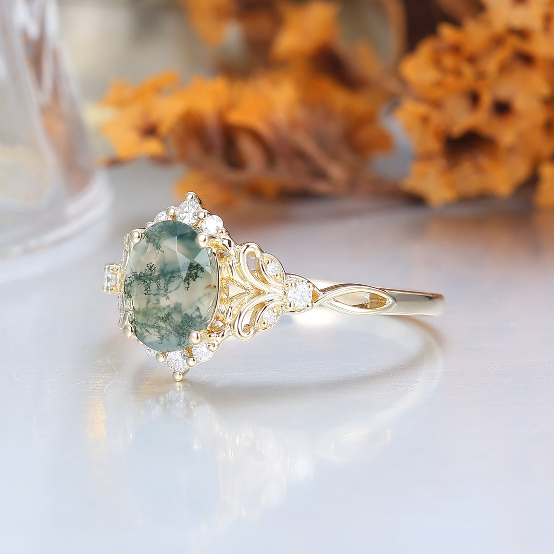 Elegant Oval Cut Moss Agate Wedding Ring 14K Yellow Gold Cluster Leaf Design Bridal Ring -  Esdomera.com