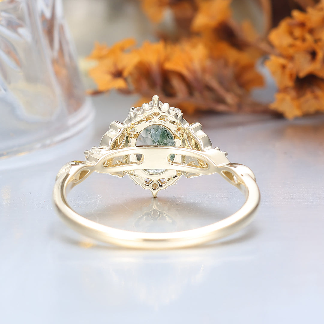 Elegant Oval Cut Moss Agate Wedding Ring 14K Yellow Gold Cluster Leaf Design Bridal Ring -  Esdomera.com