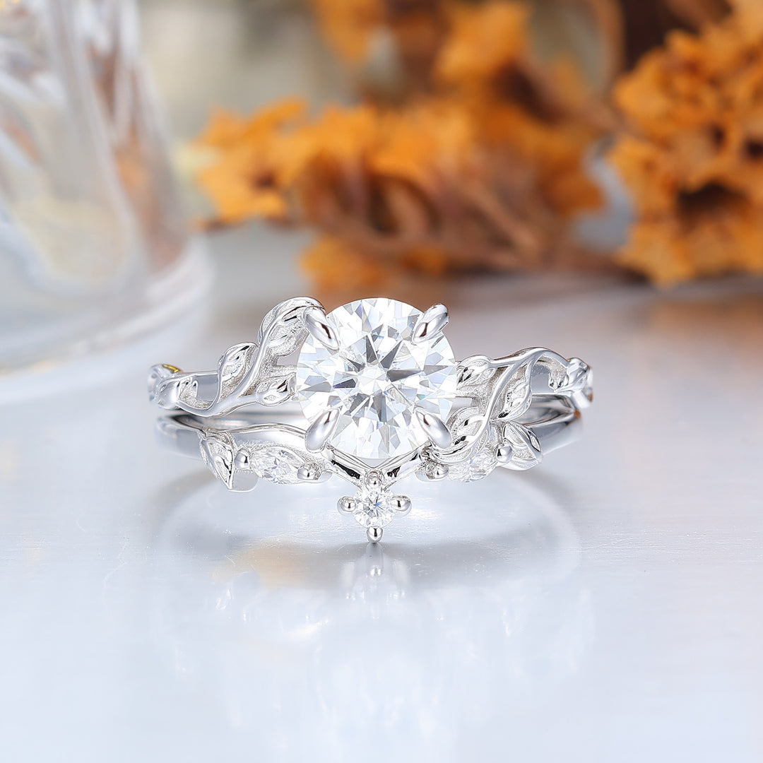 Moissanite Rose Gold  Round Shaped 1.25CT  Leaf Vine Ring  Wedding Ring Set -  Esdomera.com