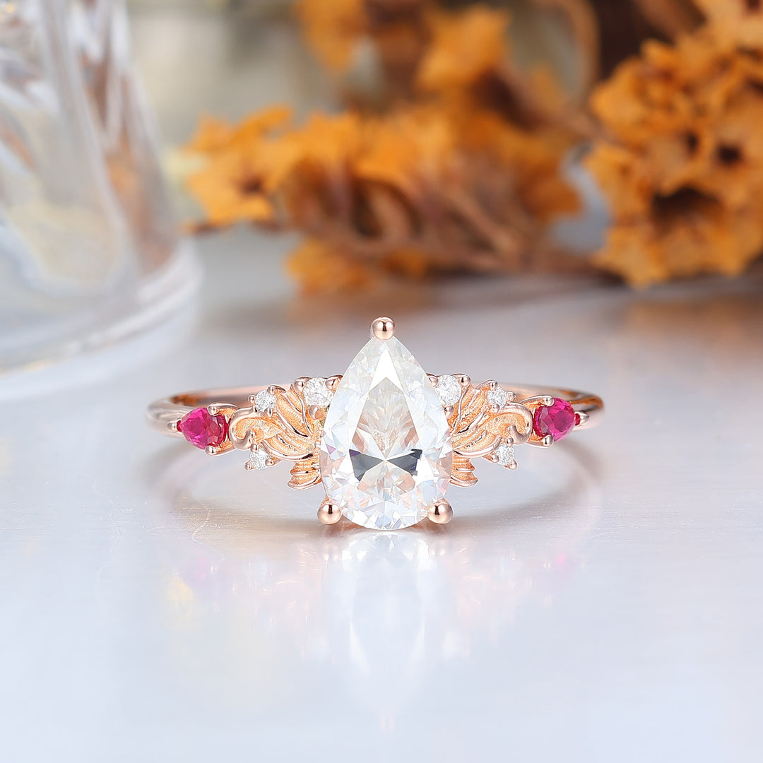 Artsy Pear Cut Moissanite Engagement Ring Deco Ruby Inlay Bridal Ring Women Fine Ring -  Esdomera.com