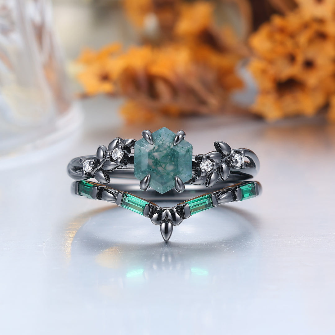 Art Deco 14K Hexagon Shape Moss Agate Engagement Ring Leaf Style Anniversary Bridal Ring -  Esdomera.com