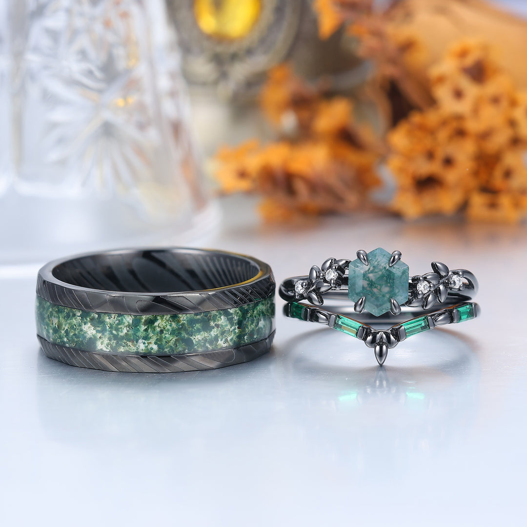 Unique Natural Moss Agate Couple Ring Set Green Leaf Inspired Matching Ring For Men And Women -  Esdomera.com