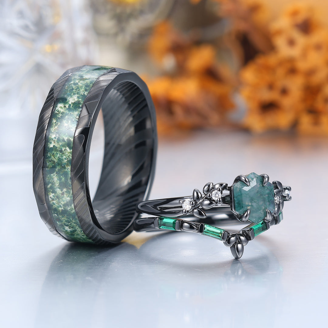 Unique Natural Moss Agate Couple Ring Set Green Leaf Inspired Matching Ring For Men And Women -  Esdomera.com