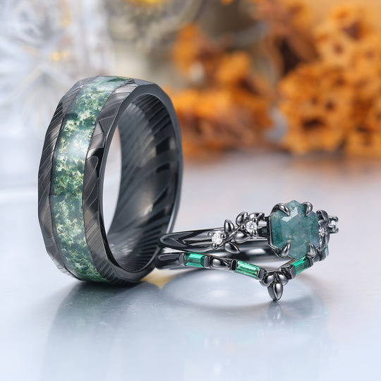 Unique Natural Moss Agate Couple Ring Set Green Leaf Inspired Matching Ring For Men And Women -  Esdomera.com