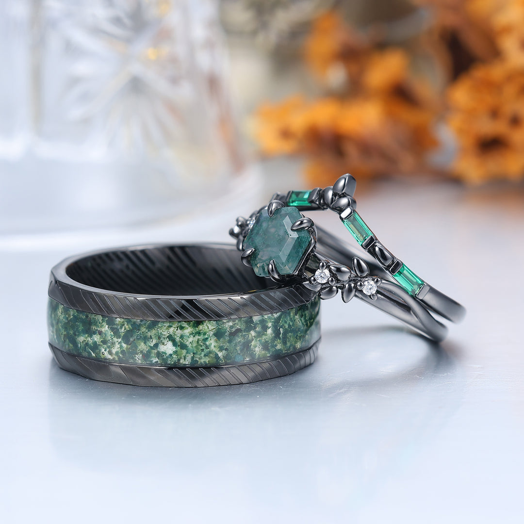 Unique Natural Moss Agate Couple Ring Set Green Leaf Inspired Matching Ring For Men And Women -  Esdomera.com