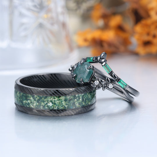 Unique Natural Moss Agate Couple Ring Set Green Leaf Inspired Matching Ring For Men And Women -  Esdomera.com