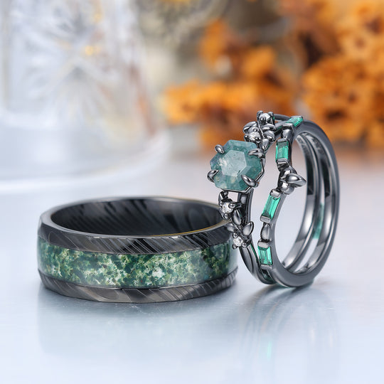 Unique Natural Moss Agate Couple Ring Set Green Leaf Inspired Matching Ring For Men And Women -  Esdomera.com