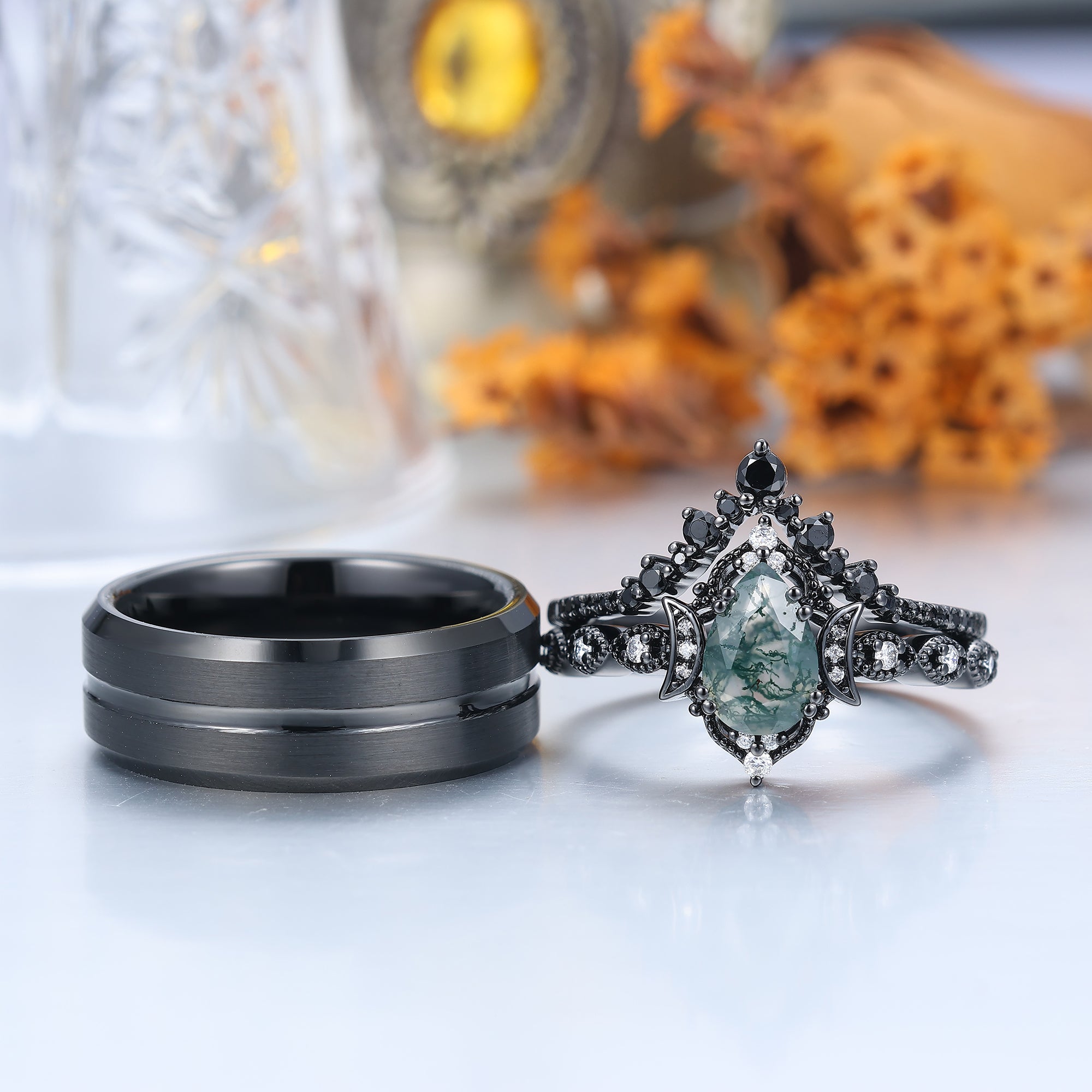 Vintage Natural Moss Agate Pear Black Obsidian Couples Ring Set Vintage Natural Moss Agate Pear Black Obsidian Couples Ring Set