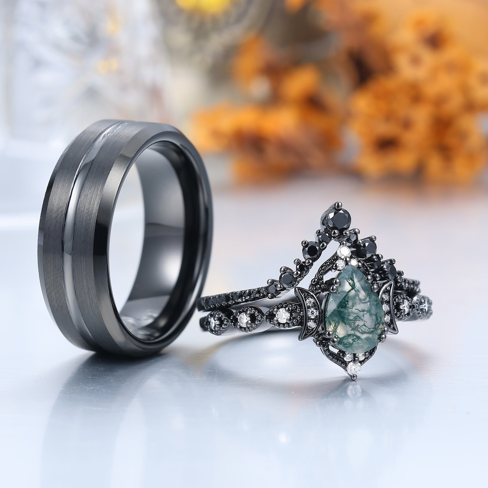 Vintage Natural Moss Agate Pear Black Obsidian Couples Ring Set
