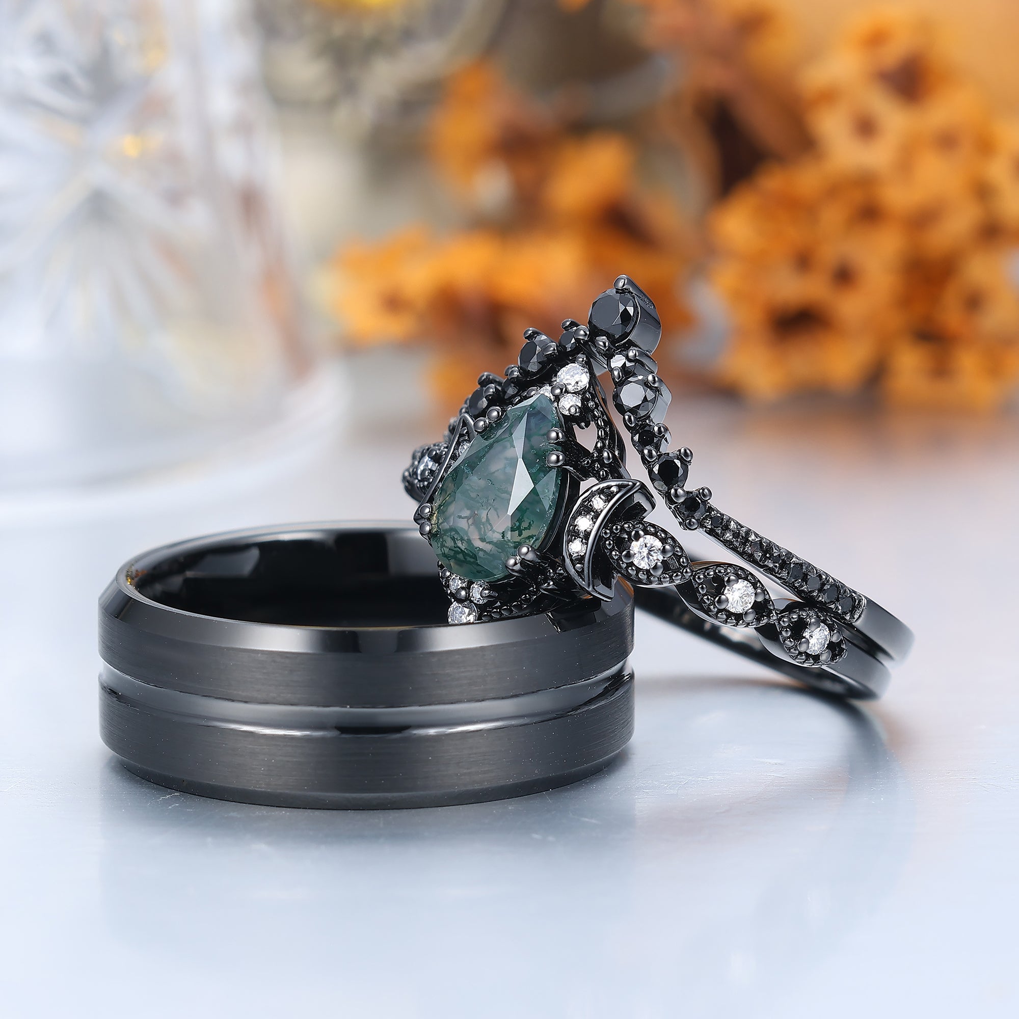 Vintage Natural Moss Agate Pear Black Obsidian Couples Ring Set