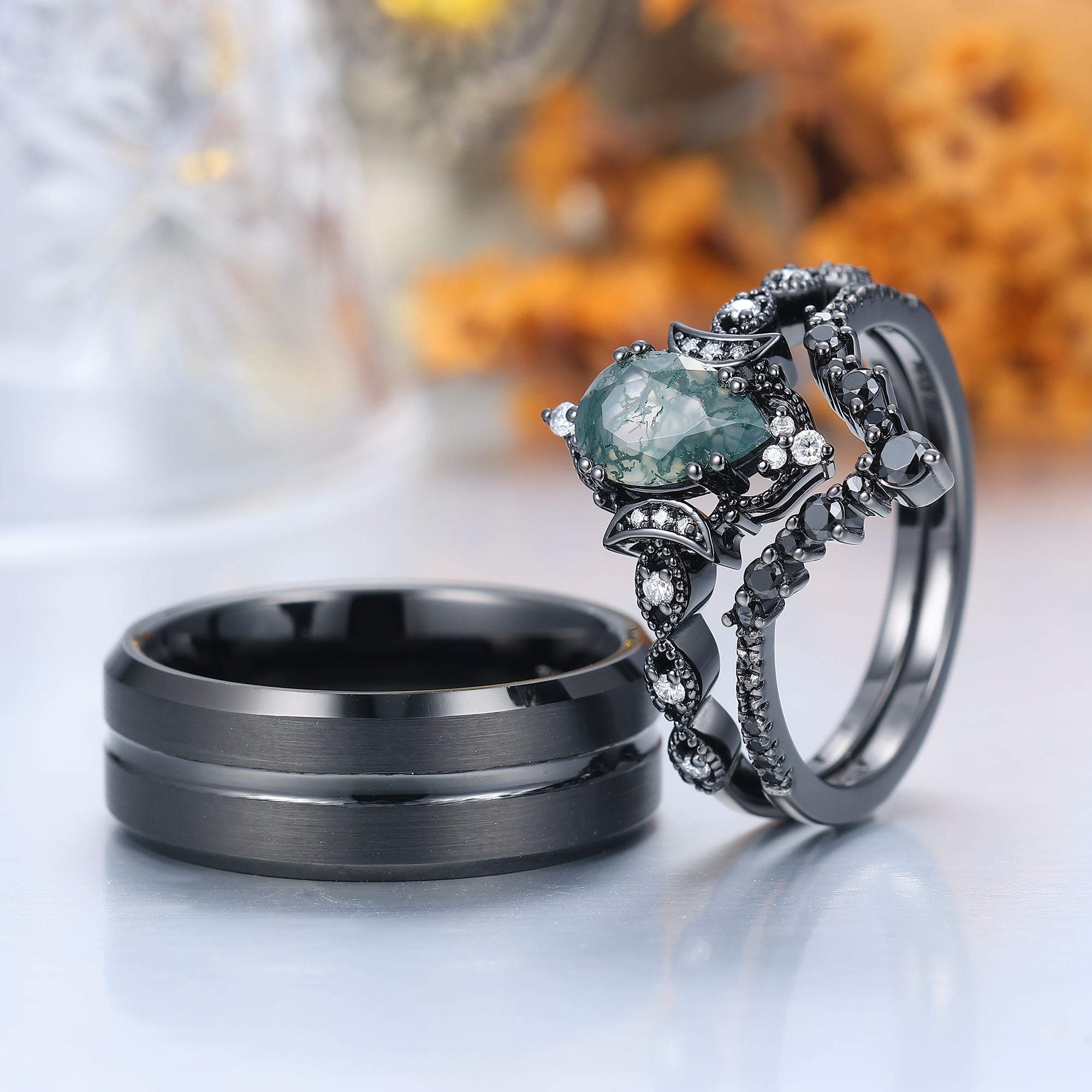Vintage Natural Moss Agate Pear Black Obsidian Couples Ring Set
