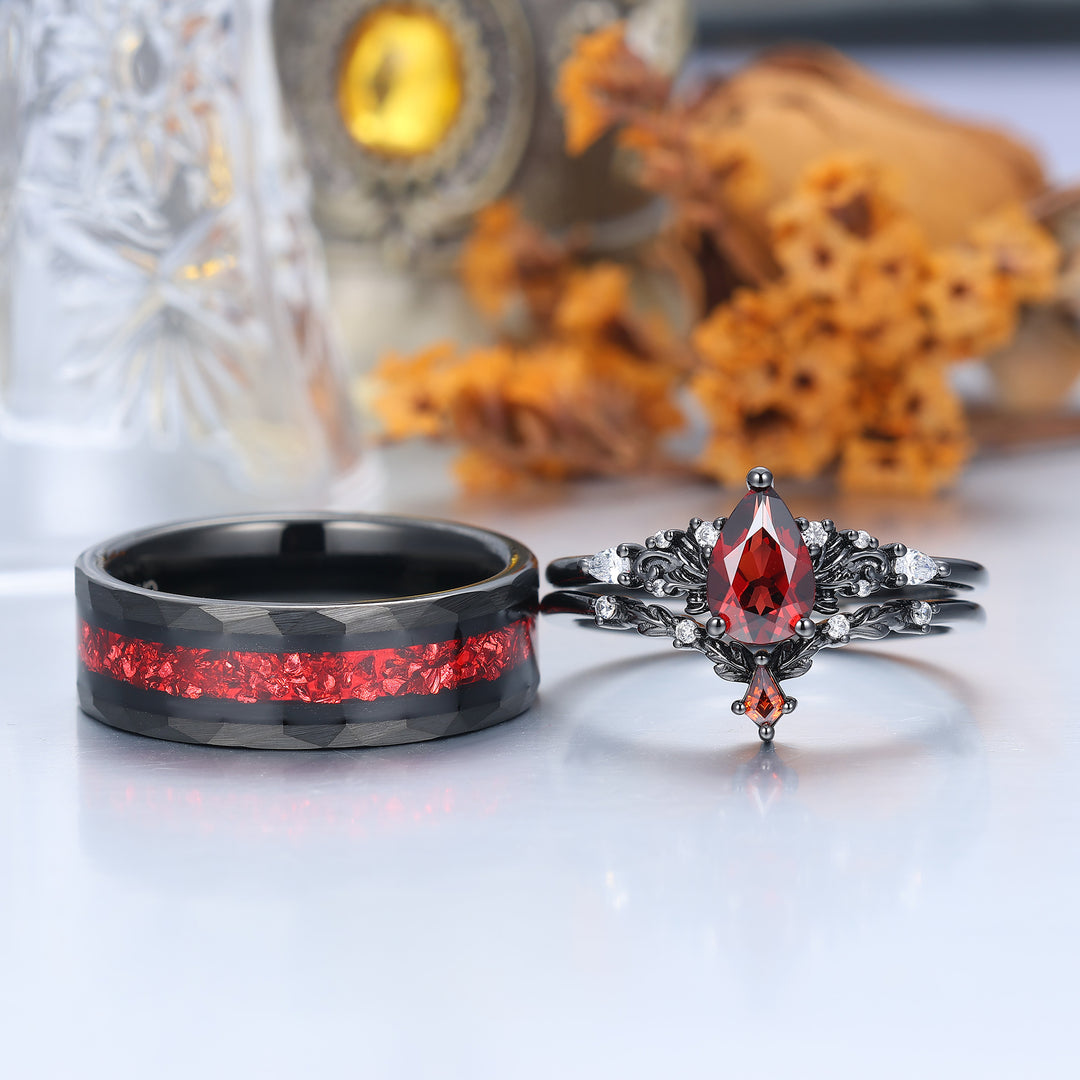 Vintage Red Garnet Leaf Flourish Couple Ring Set Black And Red Stone 3 Piece His and Hers Wedding Ring Sets -  Esdomera.com