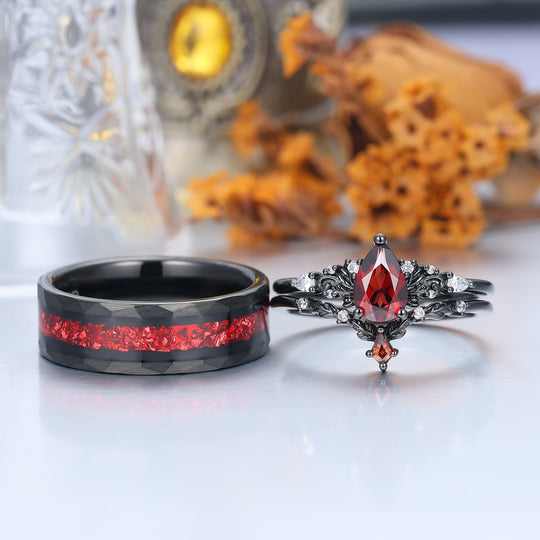 Vintage Red Garnet Leaf Flourish Couple Ring Set Black And Red Stone 3 Piece His and Hers Wedding Ring Sets -  Esdomera.com