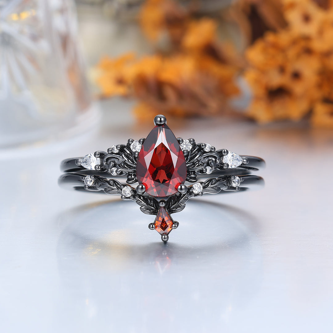 Vintage Red Garnet Leaf Flourish Couple Ring Set Black And Red Stone 3 Piece His and Hers Wedding Ring Sets -  Esdomera.com