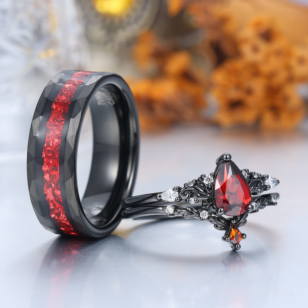 Vintage Red Garnet Leaf Flourish Couple Ring Set Black And Red Stone 3 Piece His and Hers Wedding Ring Sets -  Esdomera.com