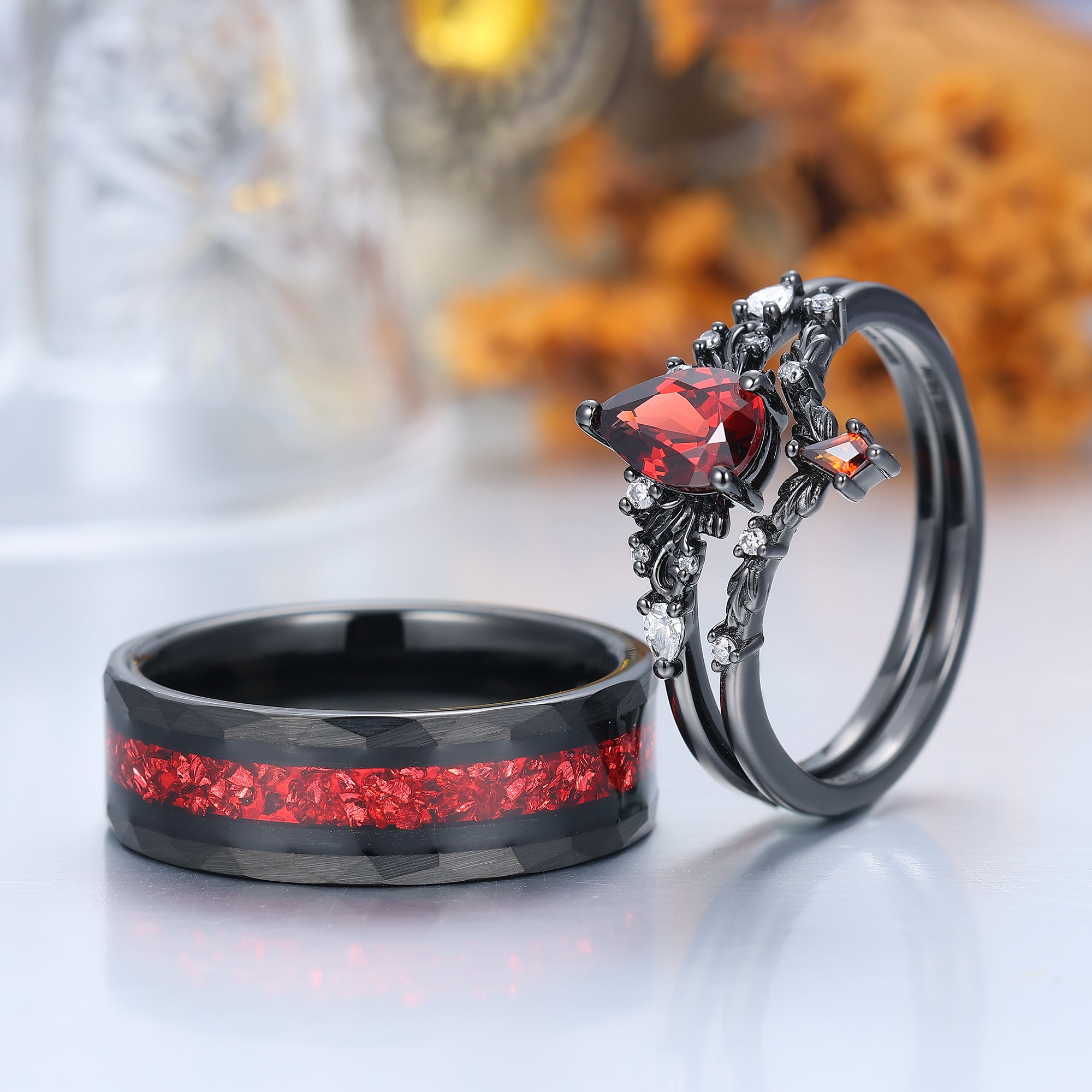 Vintage Red Garnet Leaf Flourish Couple Ring Set Black And Red